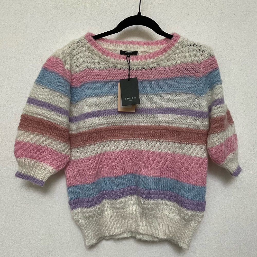 NWT Frnch Pink, Blue, Cream Nepeta Short Puff Sleeve Knit Sweater Size Medium